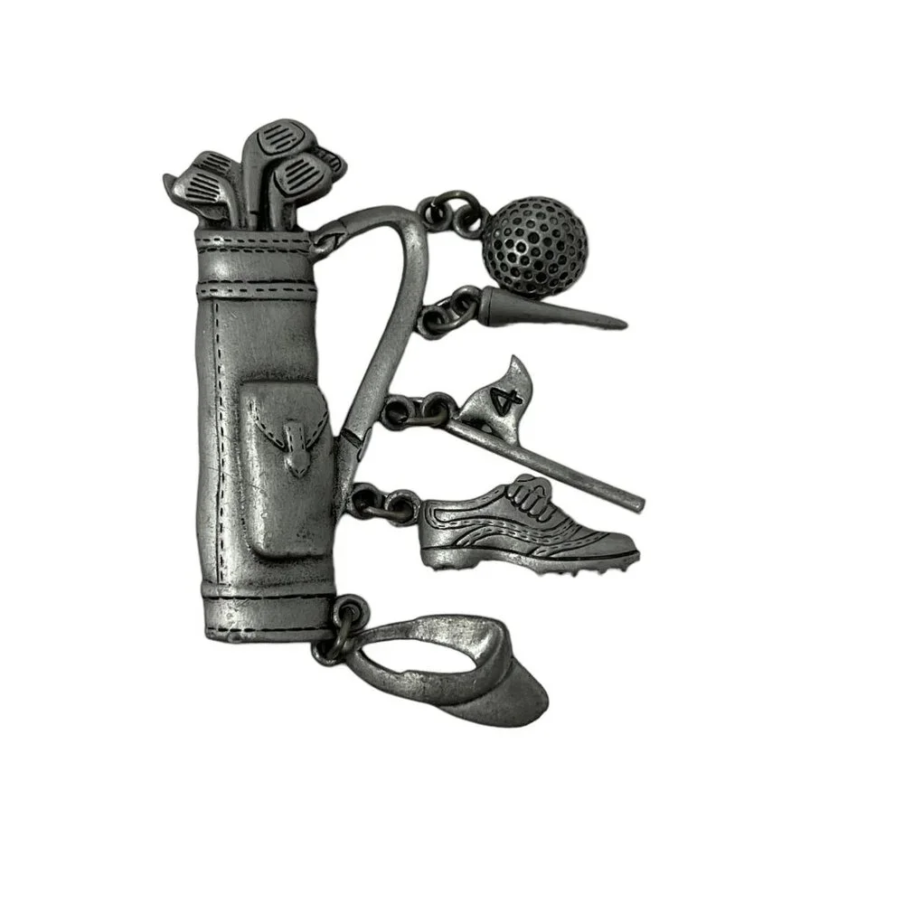 JJ Golf Bag Charms Brooch Hat Ball Signed Silver‎ Tone Pewter Vintage Pin